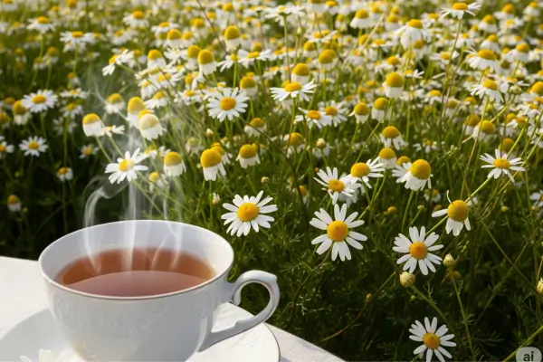 xicara de cha com flores de camomila