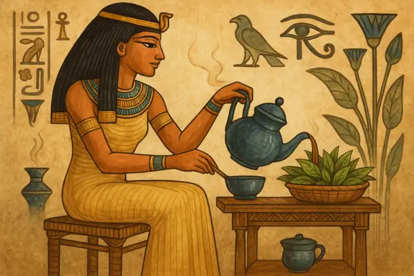 Ilustração no estilo do Egito Antigo mostrando uma mulher egípcia sentada, vestindo túnica dourada e adornos típicos, servindo chá de um bule azul para uma xícara sobre uma mesa com folhas verdes. Ao fundo, hieróglifos e símbolos egípcios, incluindo o Olho de Hórus e representações de plantas."