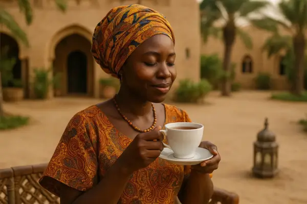 Mulher africana sorrindo enquanto segura uma xícara de chá em ambiente tradicional ao ar livre.