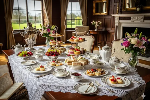 Mesa de Afternoon Tea britânico com porcelana fina, sanduíches, scones, doces e bule de chá em ambiente elegante e tradicional.