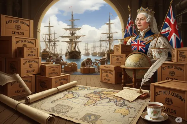Cena histórica do Império Britânico com caixas da Companhia das Índias Orientais, navios ao fundo, mapas coloniais e uma rainha ao lado de uma xícara de chá.”