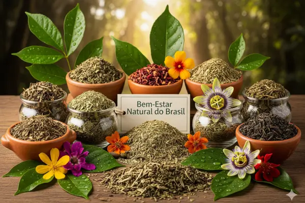 Variedade de ervas medicinais brasileiras em potes e tigelas, usadas para chás naturais e terapêuticos, simbolizando o bem-estar e a riqueza da flora do Brasil.