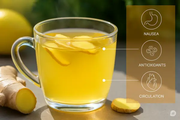 xicara de chá de gengibre em cima de mesa e seus benefícios