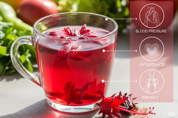 xicara em cima da mesa com chá de ibisco