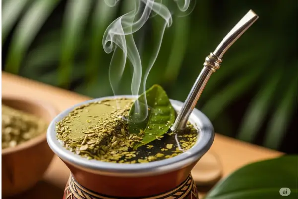 Cuia tradicional de chimarrão com erva-mate e bomba de metal, bebida cultural típica do sul do Brasil e da América Latina.