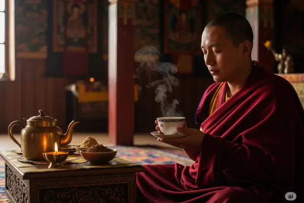 Monge tibetano sentado em meditação, segurando uma tigela de chá fumegante, ao lado de uma mesa com chaleira e oferendas, em um ambiente tradicional de mosteiro