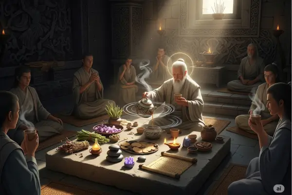 Monges budistas em ritual espiritual de chá, mestre ancião servindo infusão em cerimônia tradicional, com ervas, pergaminhos e elementos sagrados sobre a mesa.