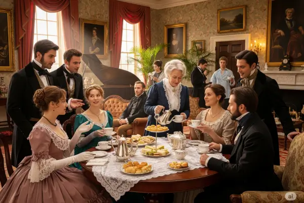 Reunião elegante de chá da tarde no século XIX, com damas e cavalheiros em trajes vitorianos, mesa posta com porcelana fina, bules de prata e doces tradicionais.