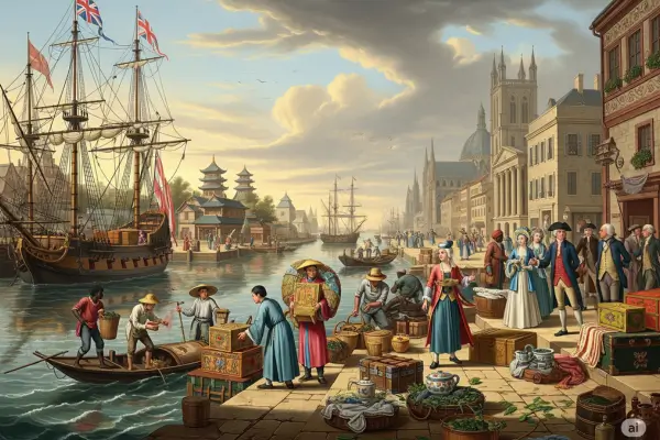Cena histórica do comércio de chá entre Oriente e Ocidente no século XVIII, com navios, mercadores e mercadorias.
