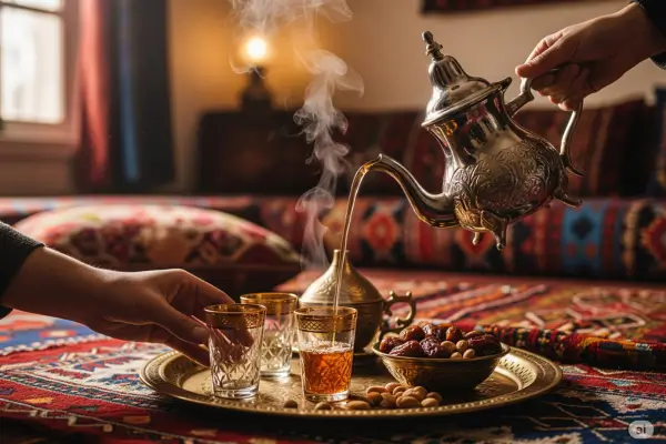 Chá sendo servido em copos tradicionais dourados em uma bandeja decorada, acompanhado de tâmaras e castanhas, em um ambiente acolhedor do Oriente Médio com tapetes coloridos.