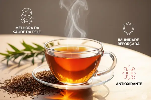 Xícara de chá de rooibos quente sobre uma mesa, com folhas secas da planta ao lado. A imagem destaca os benefícios do chá, incluindo melhora da saúde da pele, fortalecimento da imunidade e ação antioxidante.