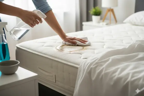 Pessoa limpando mancha de sangue no colchão com pano e borrifador de produto de limpeza