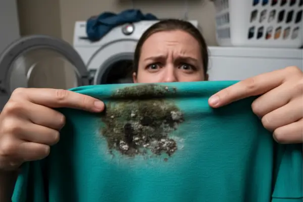Mulher segurando uma camiseta com grande mancha de mofo, mostrando preocupação enquanto tenta descobrir como tirar mofo da roupa em casa.