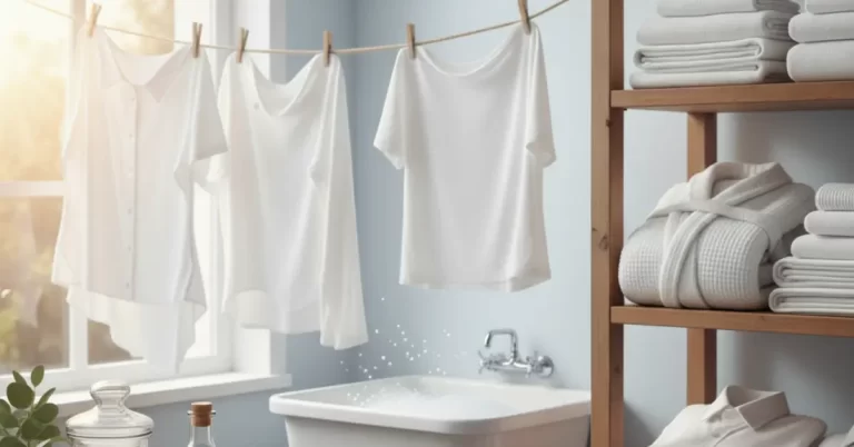 Como desencardir roupa branca com misturas caseiras eficazes — roupas brancas limpas penduradas para secar em ambiente claro e organizado, ao lado de pia com sabão e toalhas dobradas.