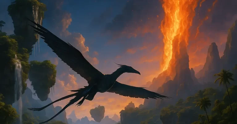 Criatura alada sobrevoando ilhas flutuantes com cachoeiras, diante de um vulcão em erupção ao pôr do sol.