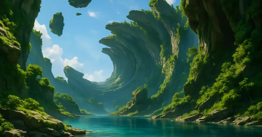 Cenário de Avatar 3 com montanhas curvas cobertas por vegetação, ilhas flutuantes e lago cristalino em um mundo alienígena exuberante.