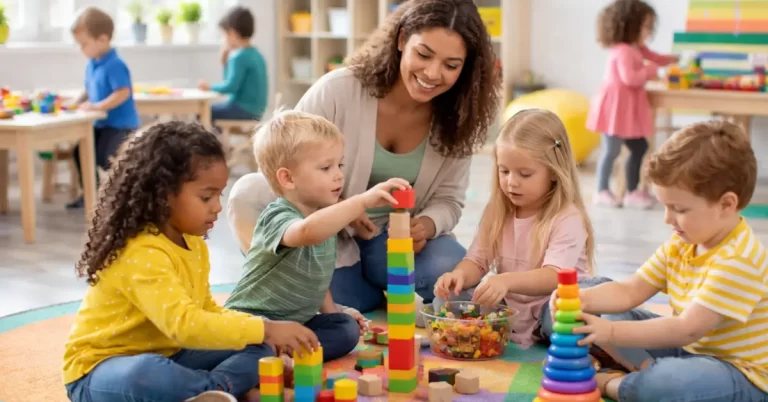 Atividades de educação infantil em sala de aula com professora orientando crianças em brincadeiras educativas que ajudam na organização da rotina escolar