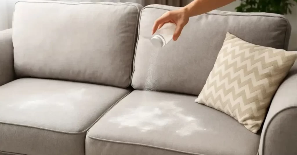 bicarbonato sendo aplicado para tirar cheiro de xixi do sofá de tecido
