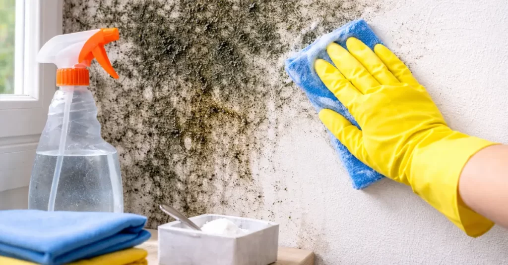 Limpeza de parede com mofo usando método caseiro com pano e solução simples