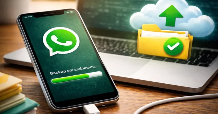 backup do WhatsApp no Google Drive sendo realizado em smartphone conectado ao computador