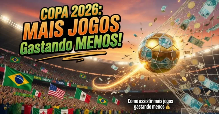 Capa da Copa do Mundo 2026 mostrando bola entrando no gol com dinheiro voando e mensagem sobre assistir mais jogos gastando menos nos Estados Unidos, México e Canadá.