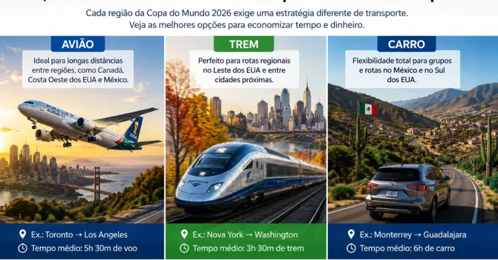 Infográfico comparando avião, trem e carro como melhores opções de transporte para viajar entre cidades da Copa do Mundo 2026 nos Estados Unidos, Canadá e México.