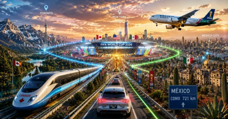 Torcedores viajando para a Copa do Mundo 2026 em um cenário futurista com trem de alta velocidade, carro e avião seguindo em direção a um estádio iluminado, conectando Canadá, Estados Unidos e México.