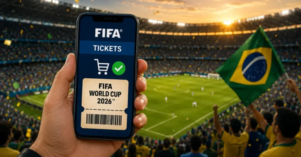 Ingressos Copa do Mundo 2026 exibidos em celular com estádio iluminado, torcida brasileira e entrada oficial da FIFA ao fundo.
