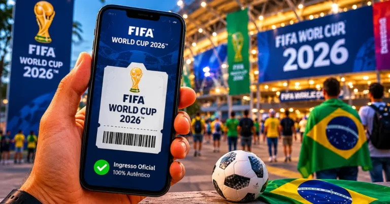 Torcedor segurando ingresso digital da Copa do Mundo FIFA 2026 em frente ao estádio durante a chegada para os jogos da Copa.