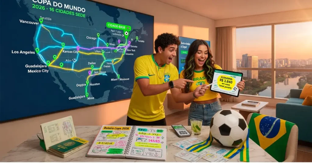 Torcedores brasileiros planejando rotas inteligentes para a Copa do Mundo 2026 com mapa das cidades-sede, cidades-base e estratégias para economizar e assistir mais jogos nos Estados Unidos, México e Canadá.