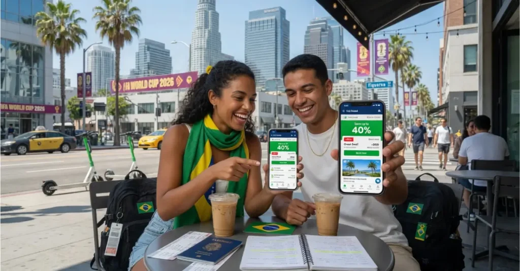 Casal de torcedores brasileiros planejando a Copa do Mundo 2026 em cafeteria nos Estados Unidos, mostrando estratégias para economizar e assistir mais jogos gastando menos.