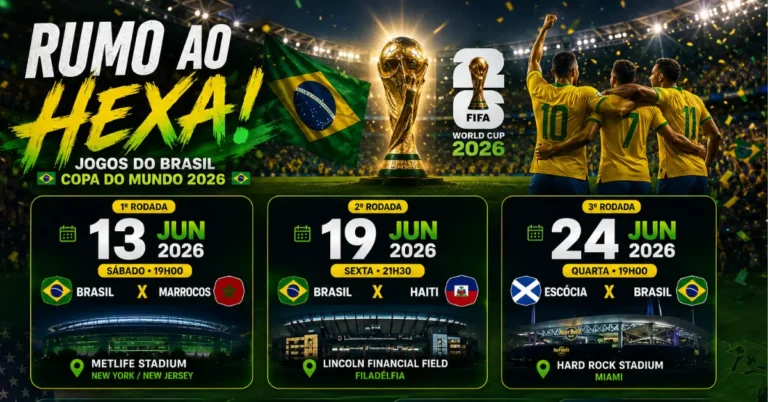 Jogos do Brasil na Copa 2026 com datas da primeira fase, adversários, estádios e cidades-sede rumo ao hexacampeonato mundial.