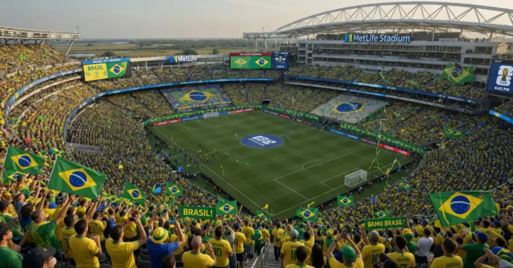 Torcida brasileira lota o MetLife Stadium durante os jogos do Brasil na Copa do Mundo 2026 em Nova York.