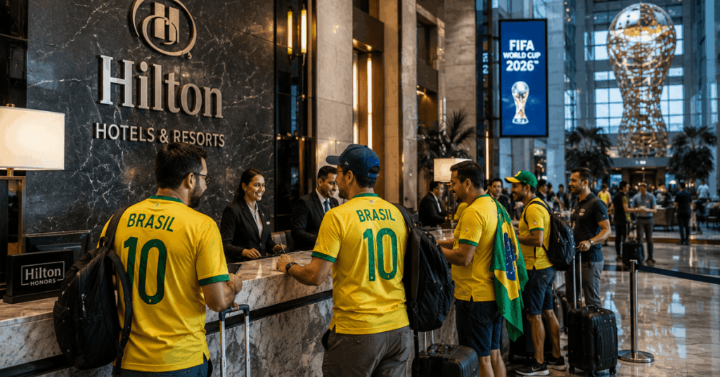 Hotel para a Copa do Mundo 2026: torcedores brasileiros fazem check-in em hotel próximo aos jogos do torneio.