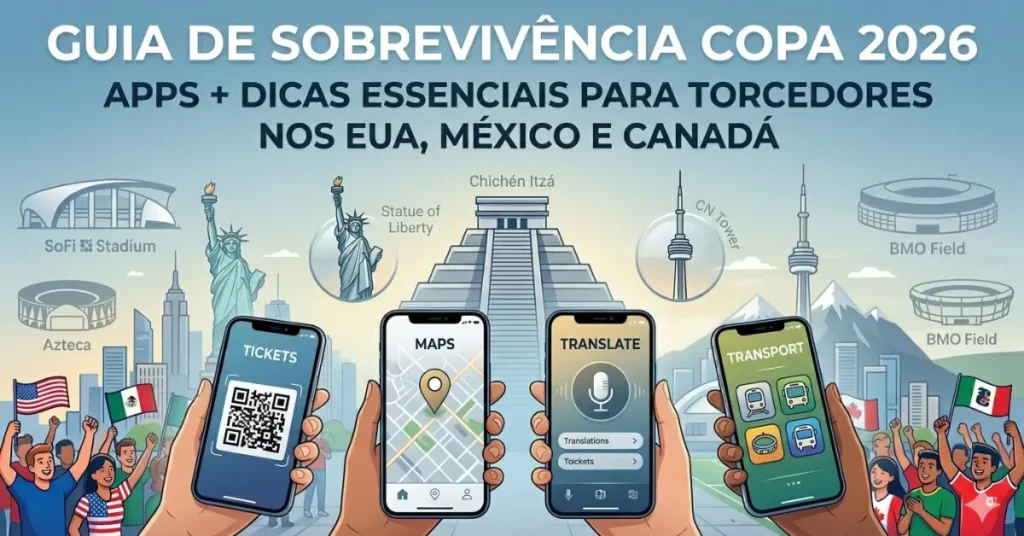 Apps para Copa 2026 com ingressos digitais, mapas, tradução e transporte para torcedores nos Estados Unidos, México e Canadá.