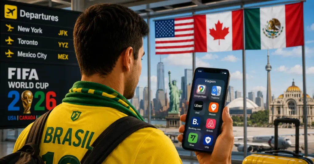 Guia de Sobrevivência Copa 2026 com torcedor brasileiro usando aplicativos de transporte, hospedagem e navegação nos Estados Unidos, México e Canadá.
