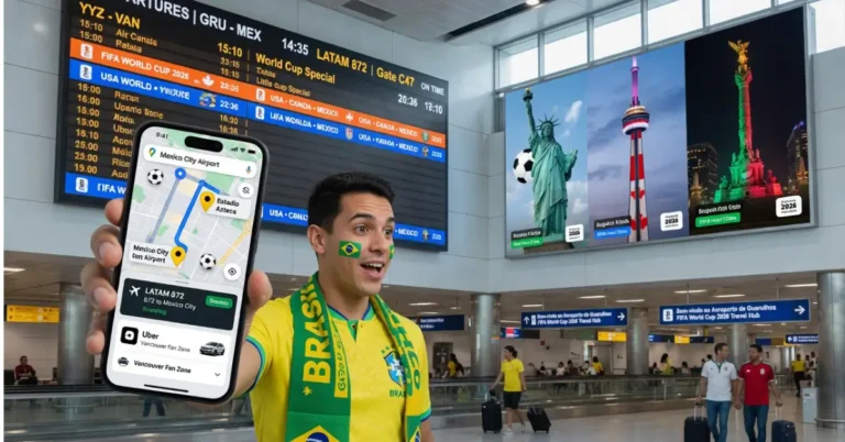 Guia de Sobrevivência Copa 2026 mostrando torcedor brasileiro usando aplicativos de viagem para transporte, mapas e planejamento nos EUA, México e Canadá.