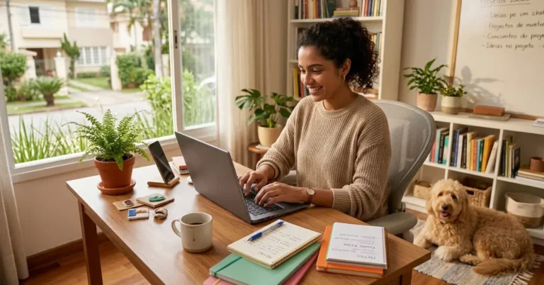 Mulher trabalhando em casa no notebook para fazer renda extra em home office