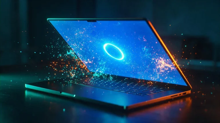 Notebook aberto com anel de carregamento na tela azul durante a restauração do Windows, com partículas de luz saindo