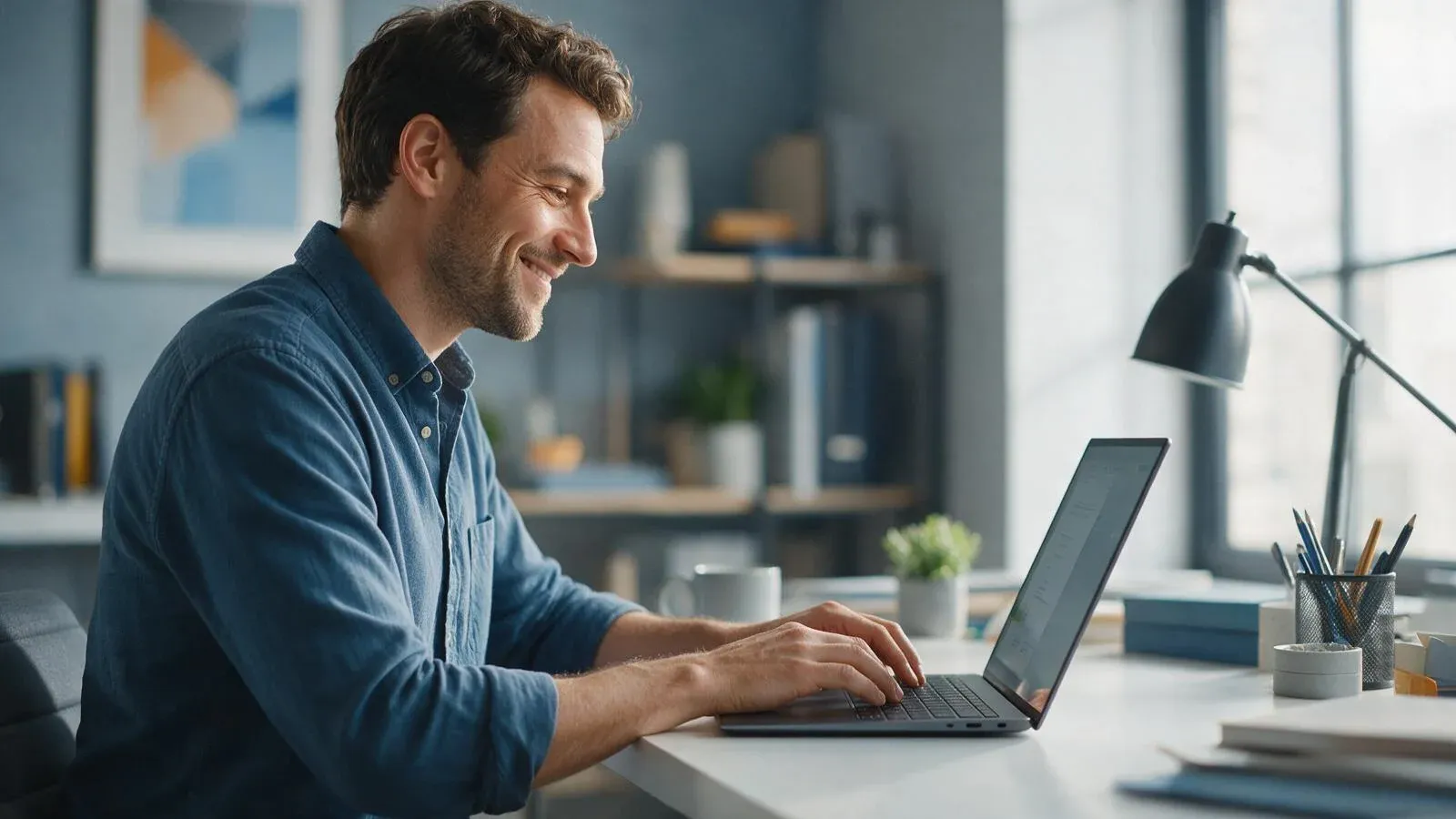 Homem sorrindo usando notebook rápido depois de resolver a lentidão